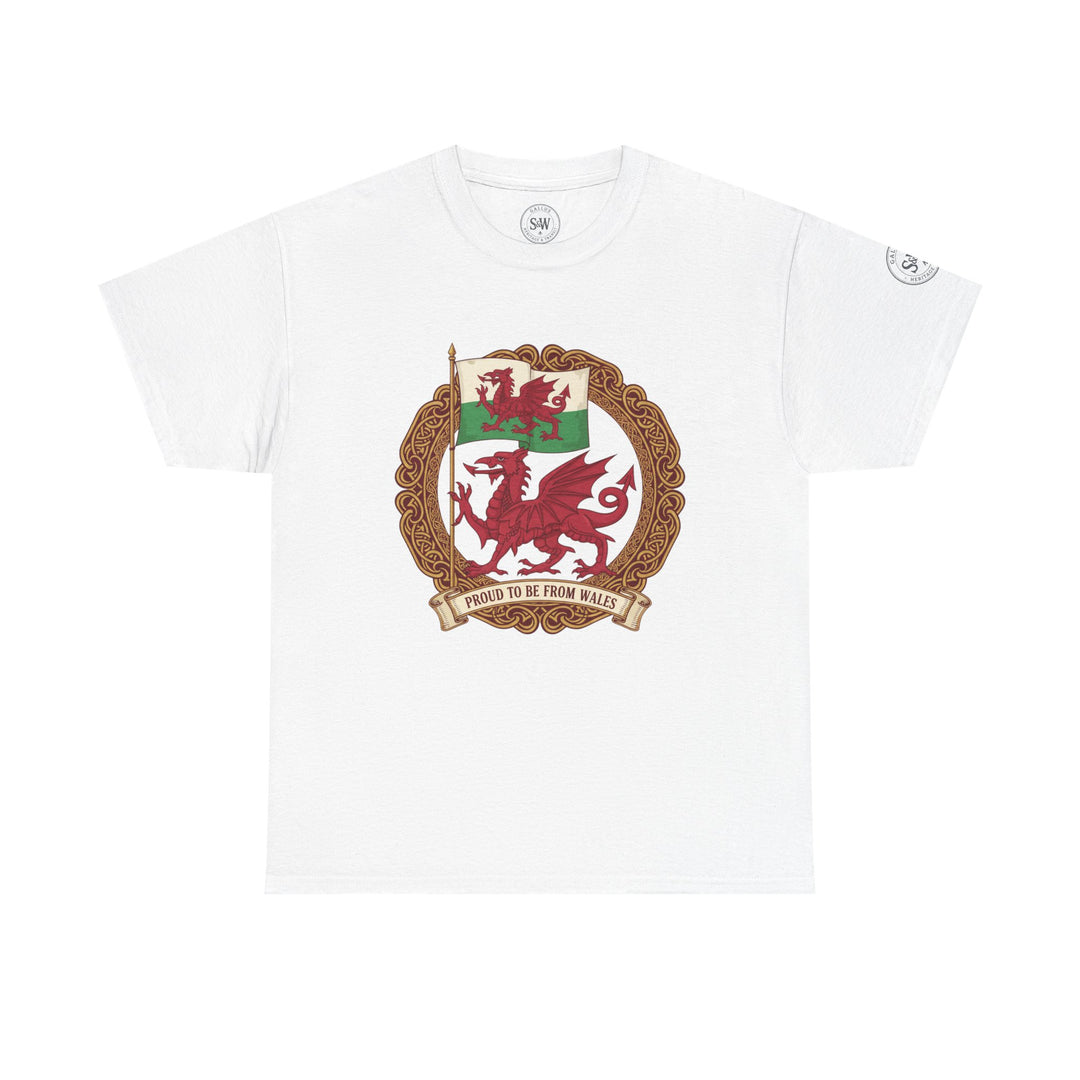 White Wales Pride T-shirt from S&amp;W Gallus, featuring a Welsh dragon crest and "Proud to be from Wales" banner.
