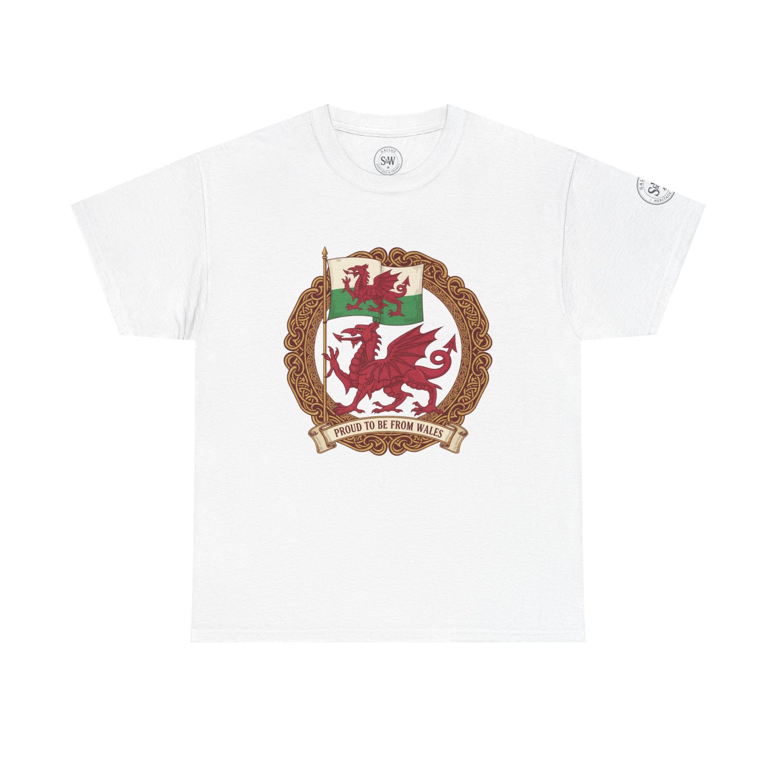 White Wales Pride T-shirt from S&W Gallus, featuring a Welsh dragon crest and "Proud to be from Wales" banner.
