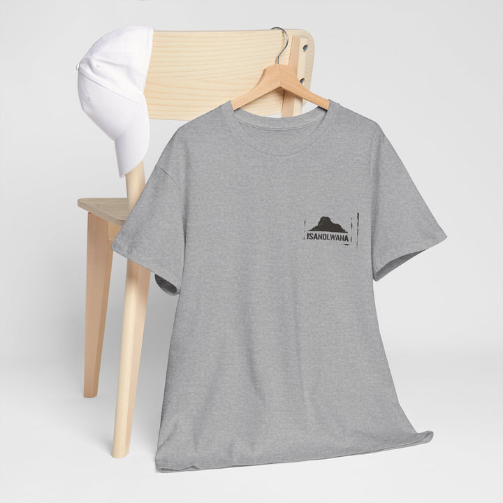 Minimal Rorke’s Drift landscape tee with “Isandlwana Over My Heart” design. Subtle Anglo-Zulu War tribute for true history enthusiasts.