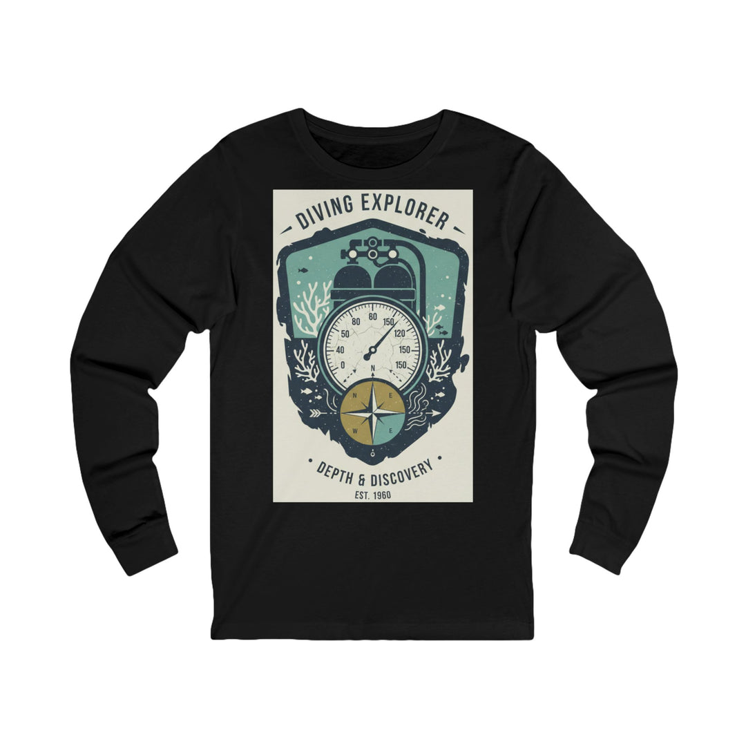 Black long sleeve tee by S&amp;W Gallus with a diving explorer design in blues, greens, and browns.