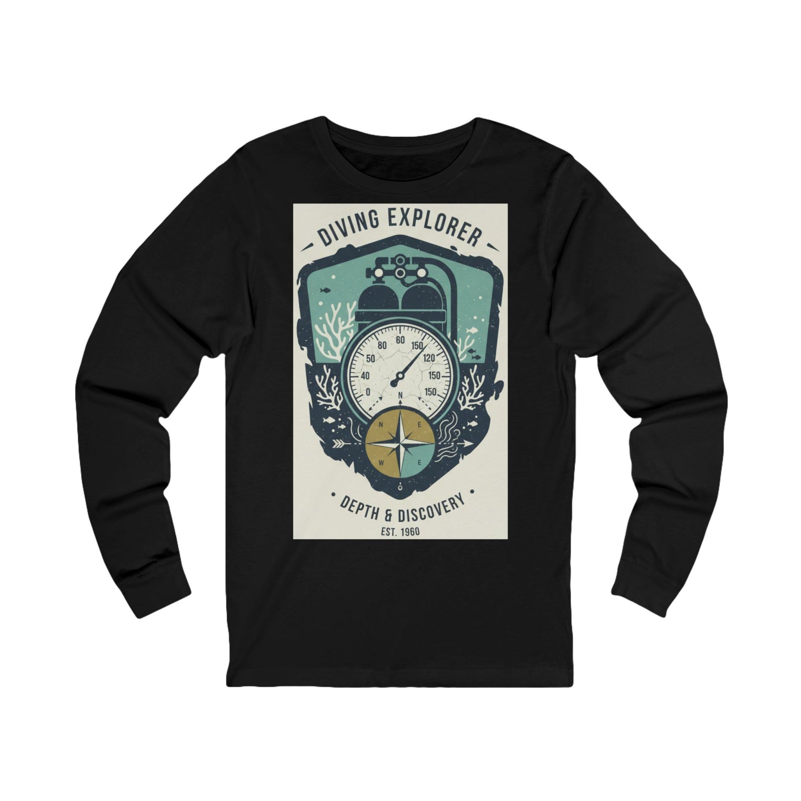Black long sleeve tee by S&W Gallus with a diving explorer design in blues, greens, and browns.