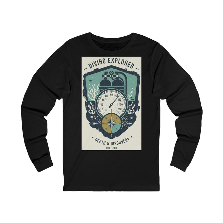 Black long sleeve tee by S&amp;W Gallus with a diving explorer design in blues, greens, and browns.