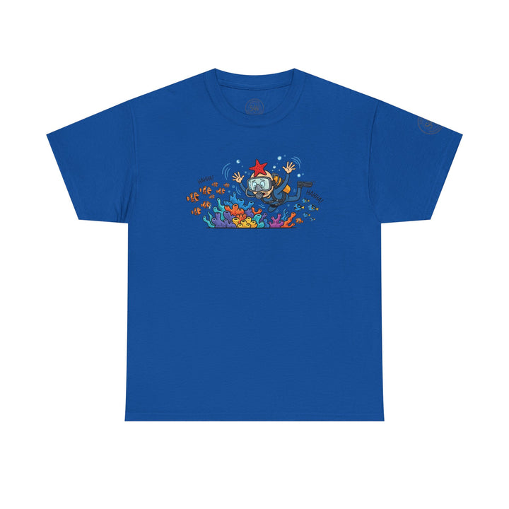 Royal blue t-shirt by S&amp;W Gallus featuring a diver with a starfish on his head near a coral reef.