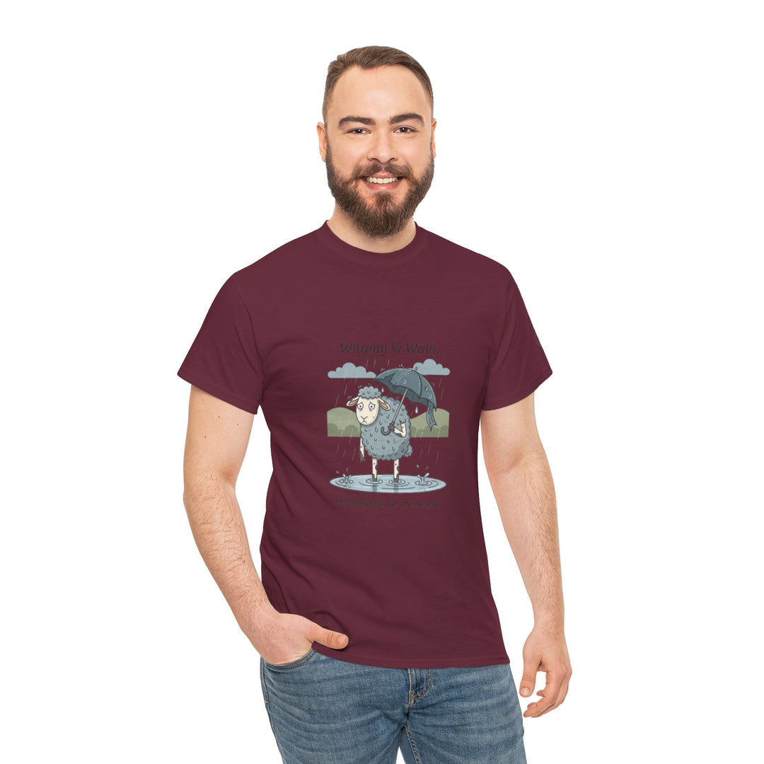 Maroon t-shirt with "Witamy w Walii" sheep graphic by S&amp;W Gallus, worn with jeans.