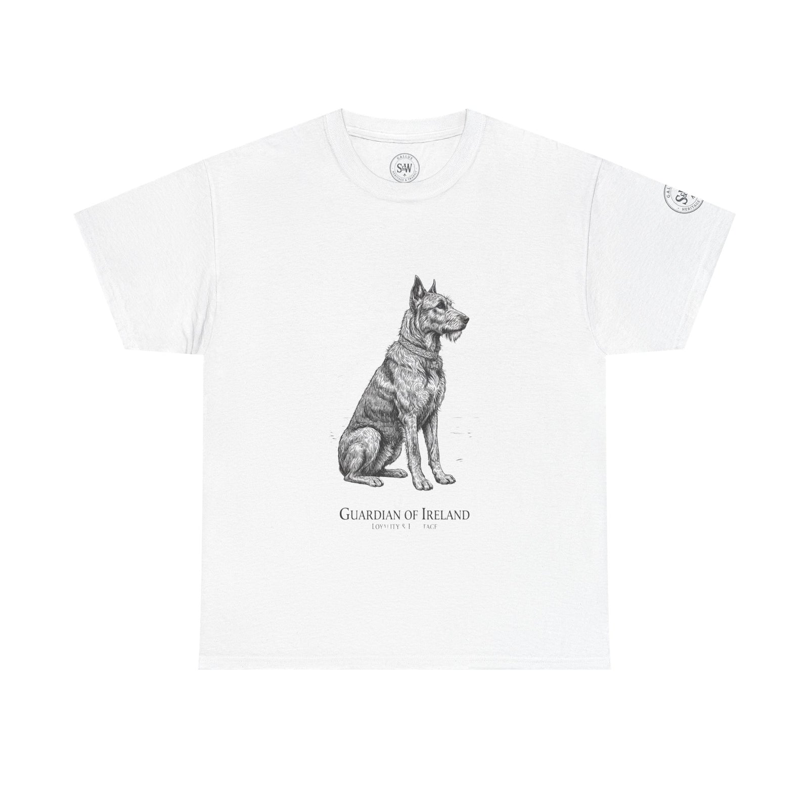 White 'Guardian of Ireland' T-shirt by S&W Gallus, featuring an illustration of a seated Irish Wolfhound dog.