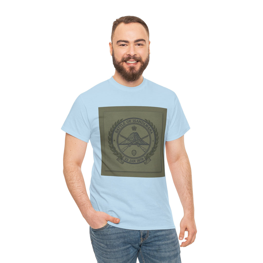 Isandlwana vintage military emblem crewneck T-shirt. Heritage graphic design inspired by historic battlefield legacy.