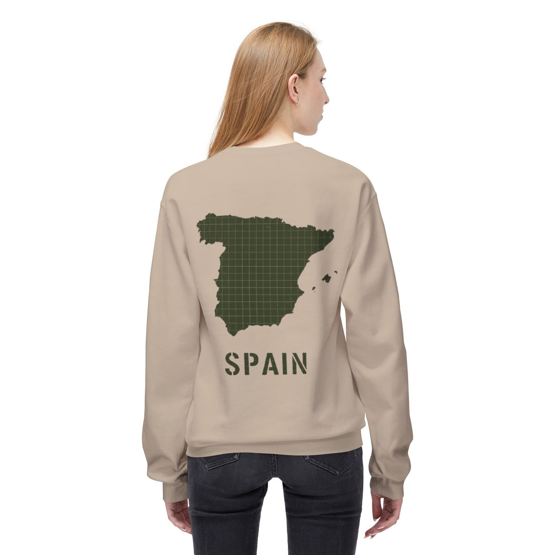 Spain Map Crewneck Sweatshirt — Military Green Grid Spain Graphic
