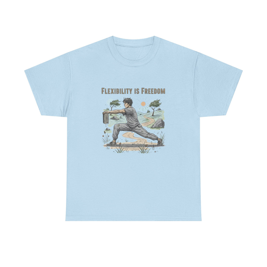 Flexibility Is Freedom Tee – soft, breathable cotton featuring a motivational design. Perfect for yoga, Pilates, stretching, or casual active lifestyle wear.