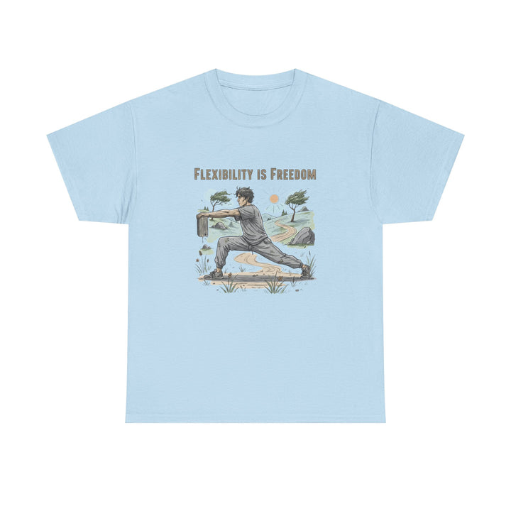 Flexibility Is Freedom Tee – soft, breathable cotton featuring a motivational design. Perfect for yoga, Pilates, stretching, or casual active lifestyle wear.