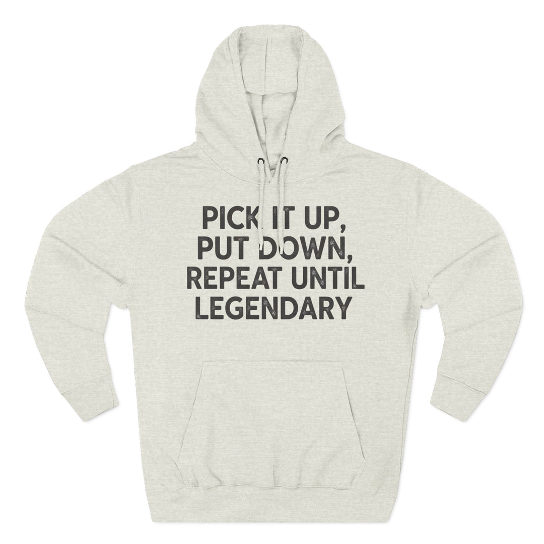 Heather gray hoodie by S&amp;W Gallus with front pouch pocket and drawstrings, featuring printed graphic text.