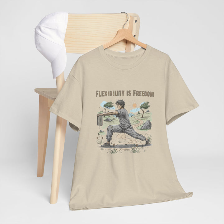 Flexibility Is Freedom Tee – soft, breathable cotton featuring a motivational design. Perfect for yoga, Pilates, stretching, or casual active lifestyle wear.