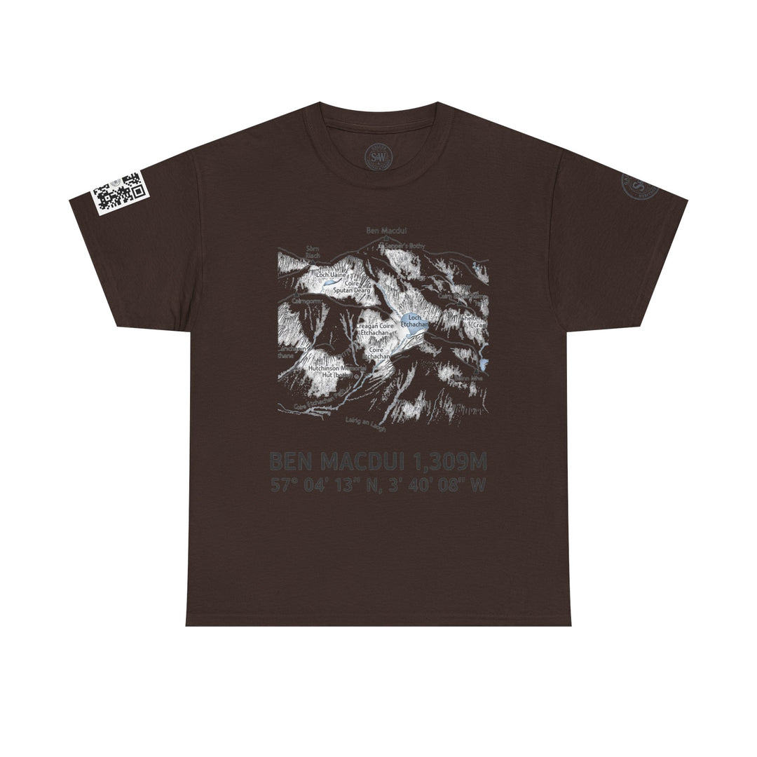 Brown Ben Macdui T-shirt by S&amp;W Gallus, featuring a mountain elevation map and a QR code on the sleeve.