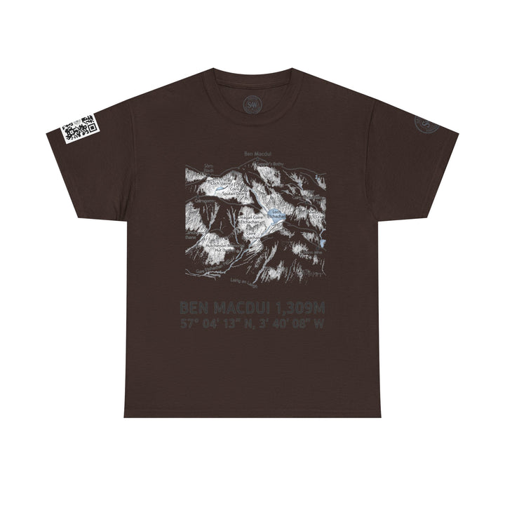 Brown Ben Macdui T-shirt by S&amp;W Gallus, featuring a mountain elevation map and a QR code on the sleeve.