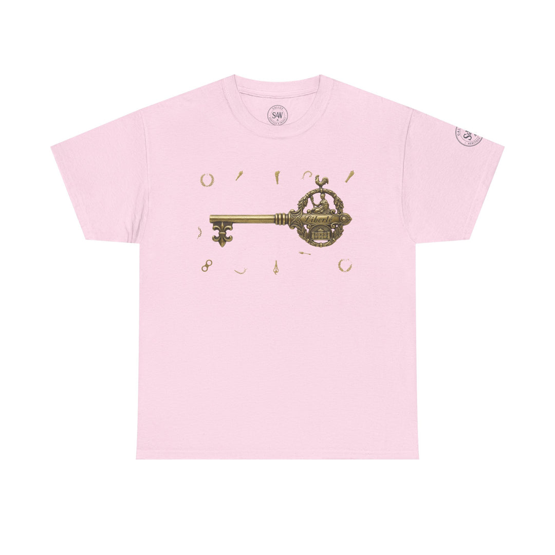 Pink Bastille Key T-shirt by S&amp;W Gallus, featuring a decorative antique key design with ornate gold accents.
