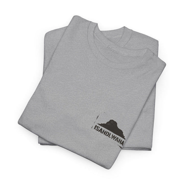 Minimal Rorke’s Drift landscape tee with “Isandlwana Over My Heart” design. Subtle Anglo-Zulu War tribute for true history enthusiasts.