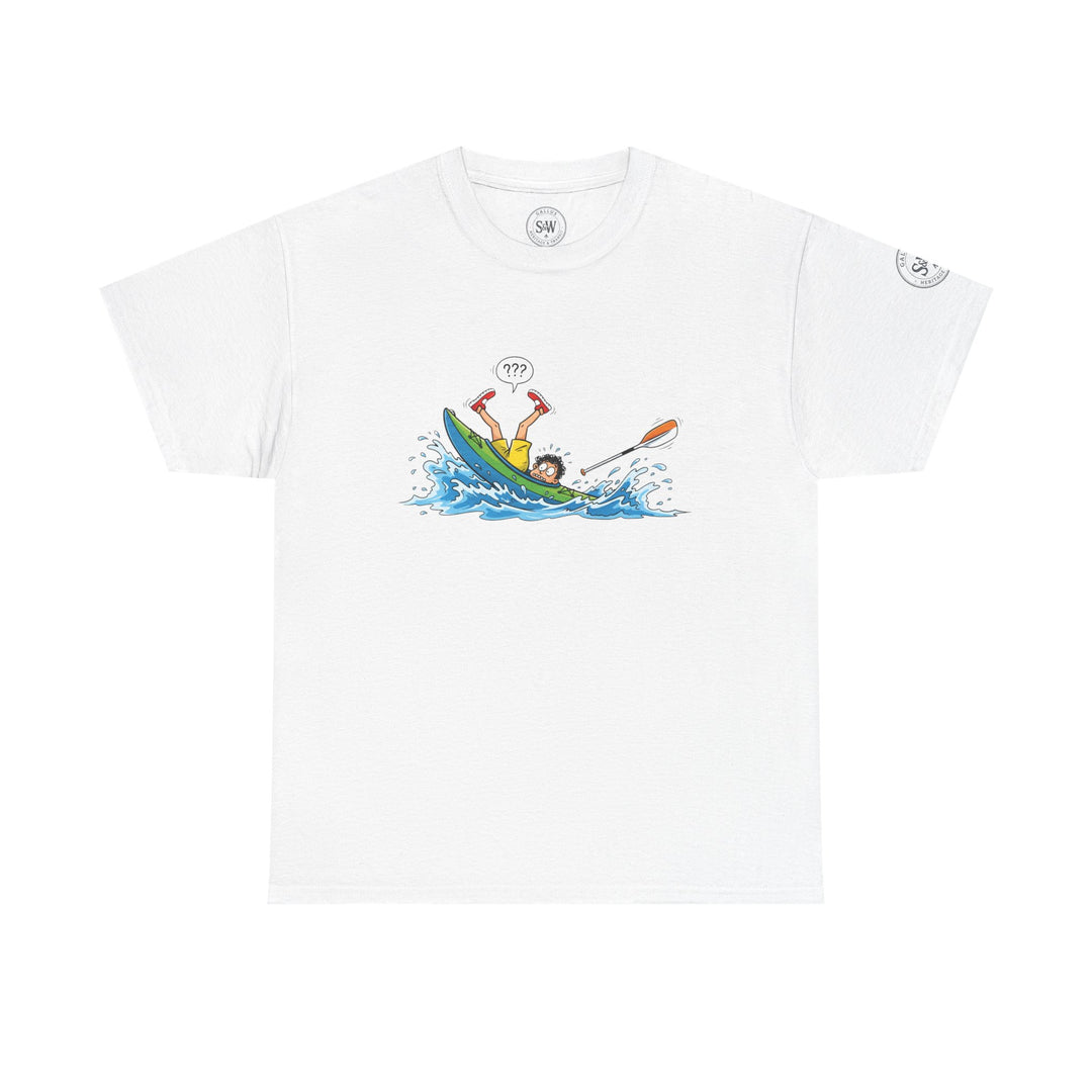 White kayak splash t-shirt by S&amp;W Gallus, featuring a cartoon kayaker capsizing in blue water.