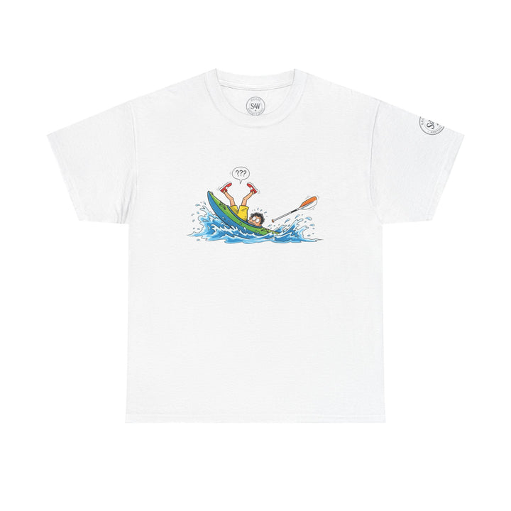 White kayak splash t-shirt by S&amp;W Gallus, featuring a cartoon kayaker capsizing in blue water.