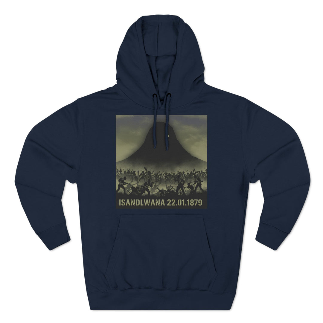 Navy hoodie by S&amp;W Gallus with a battle scene graphic and the date "Isandlwana 22.01.1879" printed on the front.