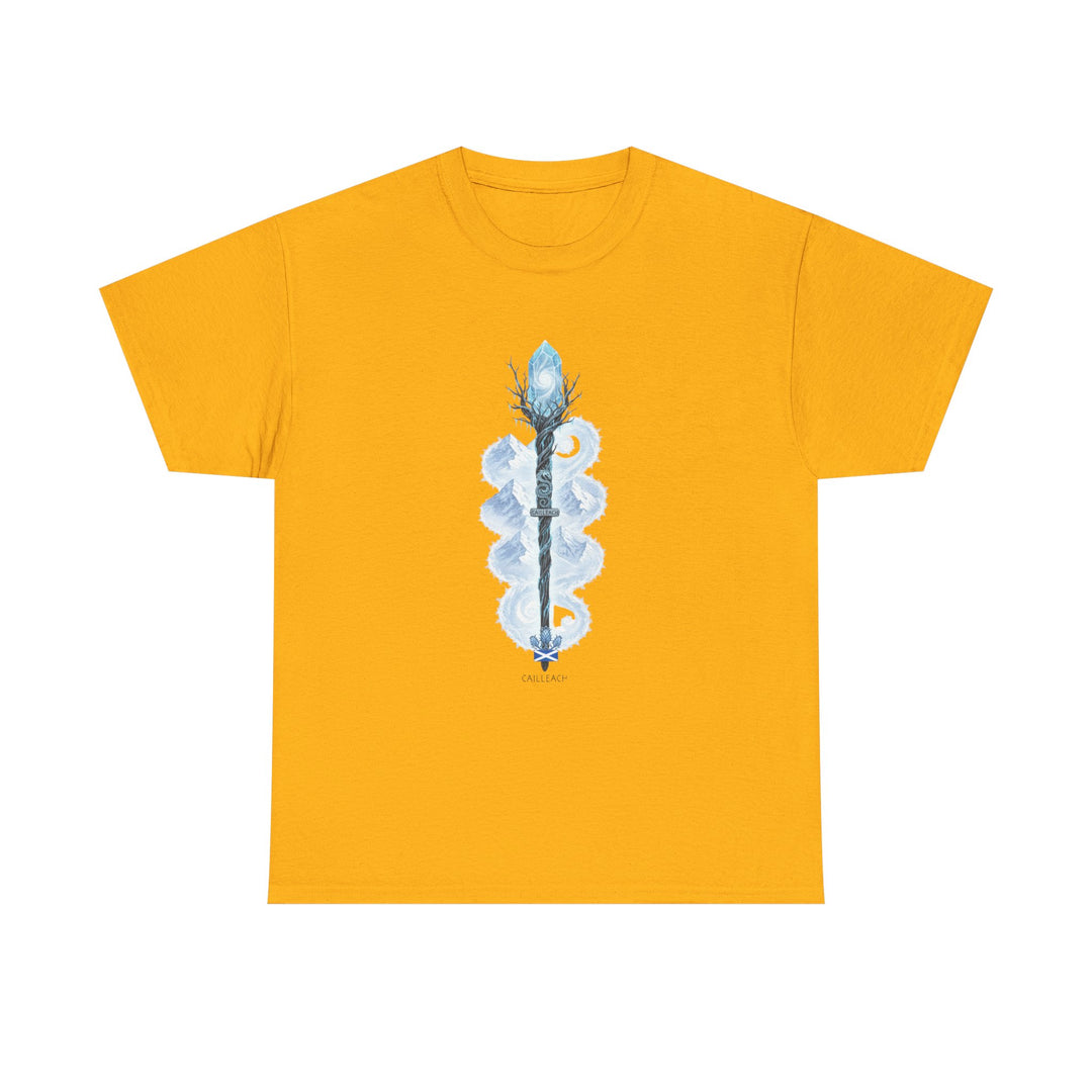Mustard yellow t-shirt by S&amp;W Gallus, featuring a mystical staff design with snow-capped mountains.