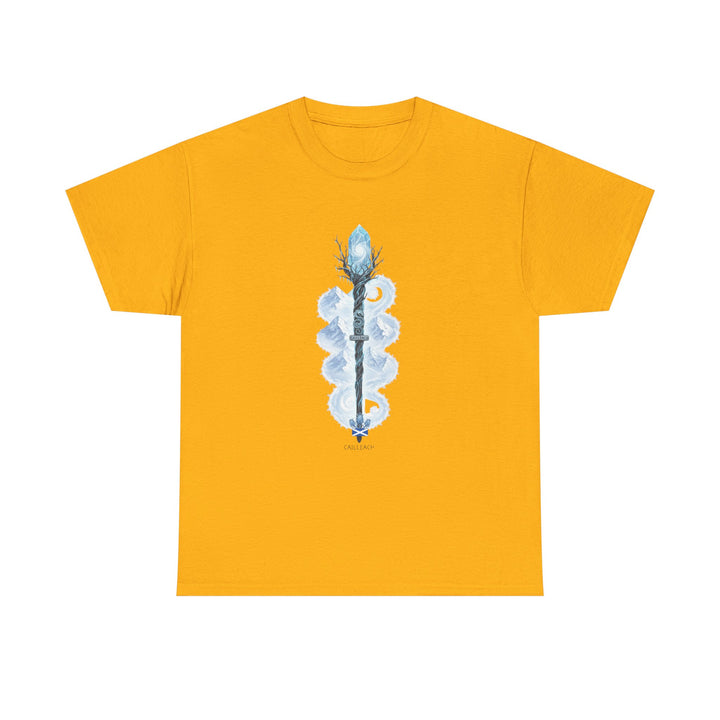 Mustard yellow t-shirt by S&amp;W Gallus, featuring a mystical staff design with snow-capped mountains.
