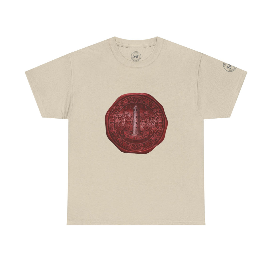 Beige t-shirt by S&amp;W Gallus with a circular red wax seal design on the front.