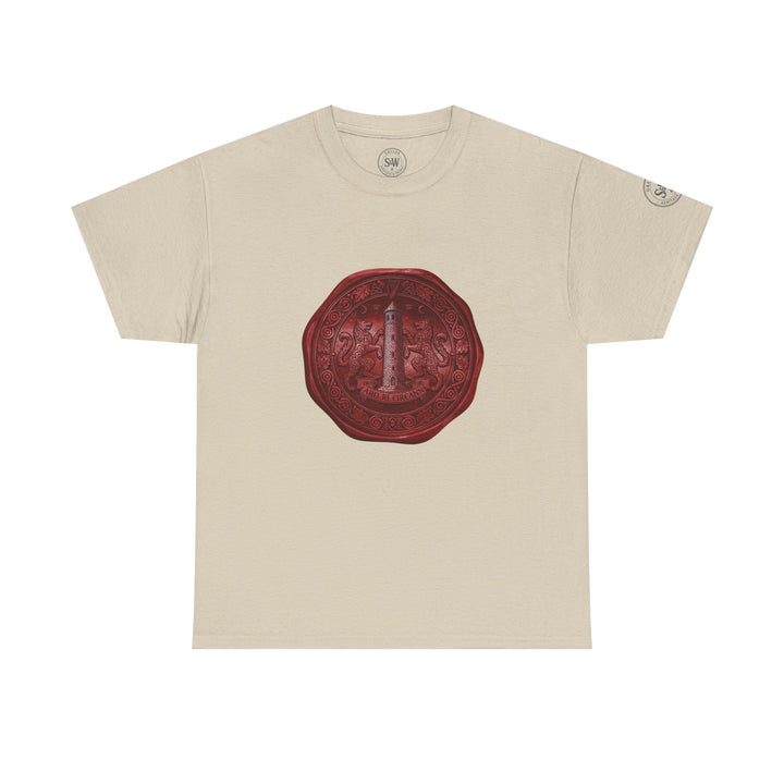 Beige t-shirt by S&amp;W Gallus with a circular red wax seal design on the front.