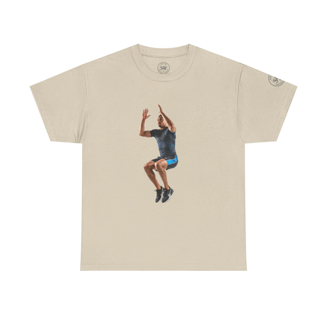 Beige t-shirt by S&amp;W Gallus featuring a man in athletic wear jumping in the center.