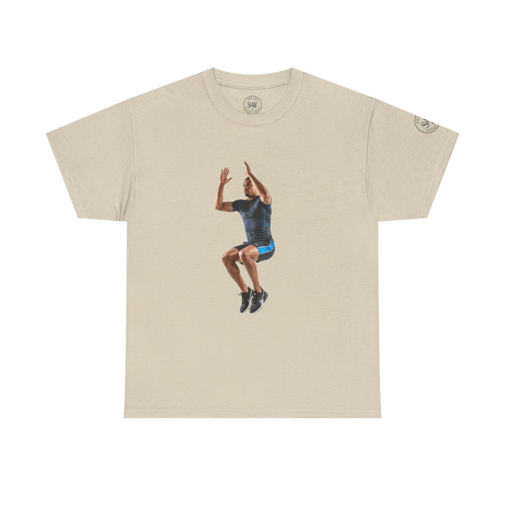 Beige t-shirt by S&amp;W Gallus featuring a man in athletic wear jumping in the center.