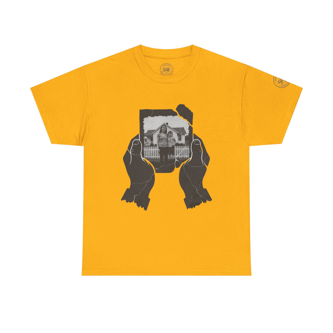 Gold-colored t-shirt by S&amp;W Gallus with a graphic print of hands holding a broken photo.