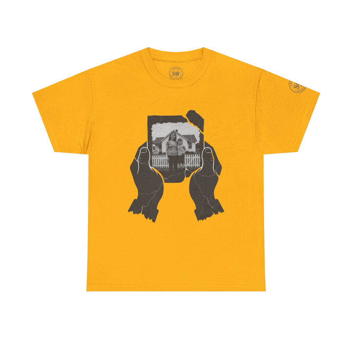 Gold-colored t-shirt by S&amp;W Gallus with a graphic print of hands holding a broken photo.