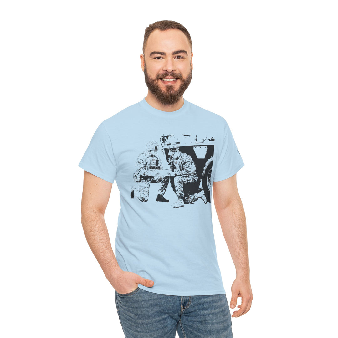 Light blue graphic t-shirt by S&amp;W Gallus with soldiers and a military vehicle, worn with jeans.