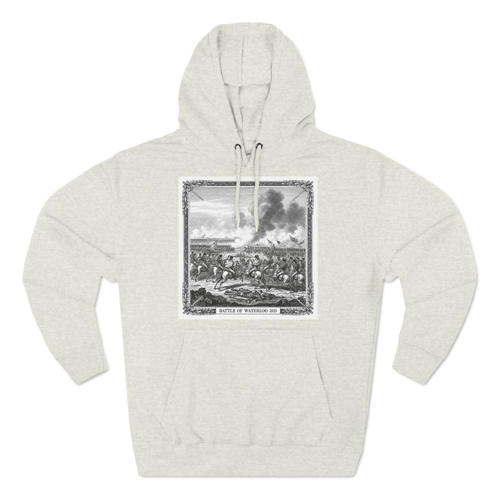 Heather gray hoodie by S&amp;W Gallus with a centered "Battle of Waterloo 1815" graphic.