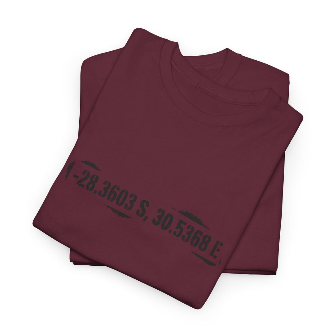 Rorke’s Drift T-Shirt featuring historic battle coordinates. Honor the 1879 Anglo-Zulu War with precise latitude &amp; longitude design.