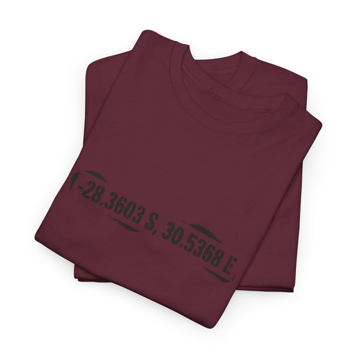 Rorke’s Drift T-Shirt featuring historic battle coordinates. Honor the 1879 Anglo-Zulu War with precise latitude &amp; longitude design.