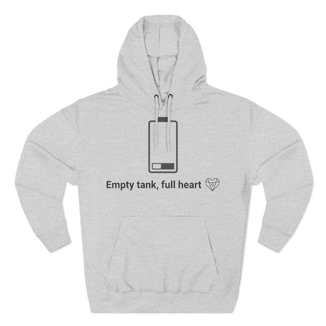 Gray hoodie by S&amp;W Gallus with an empty battery graphic and "Empty tank, full heart" text.