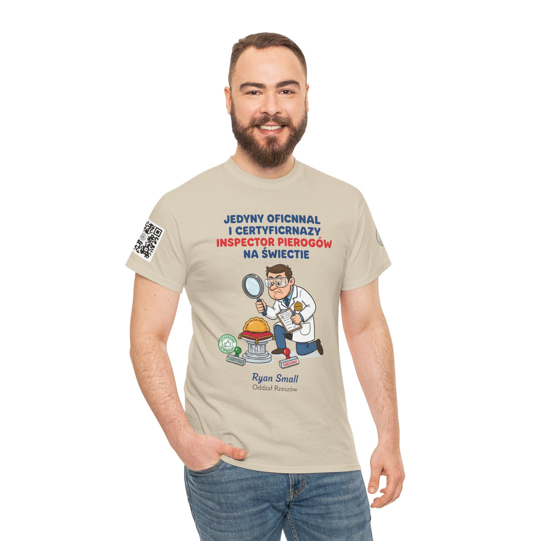Beige graphic t-shirt by S&amp;W Gallus, featuring a cartoon pierogi inspector design and Polish text, worn with jeans.
