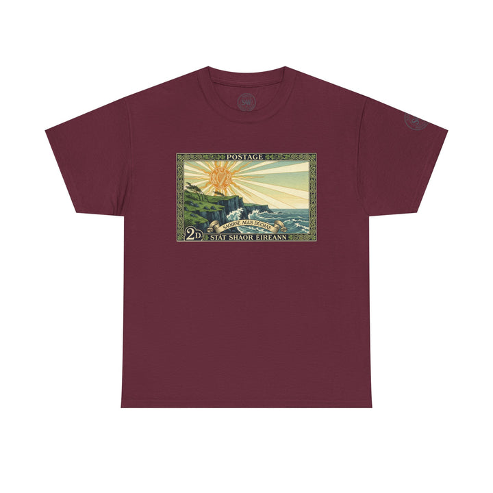 Burgundy T-shirt by S&amp;W Gallus featuring a vintage Irish postage stamp design on the front.