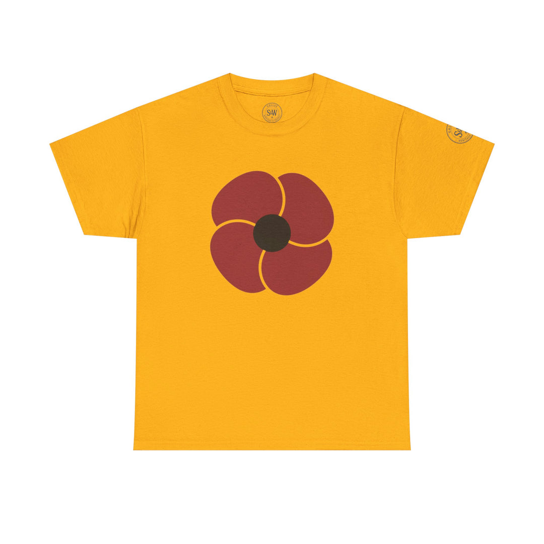 Gold t-shirt with a floral design by S&amp;W Gallus featuring short sleeves and a crew neck.