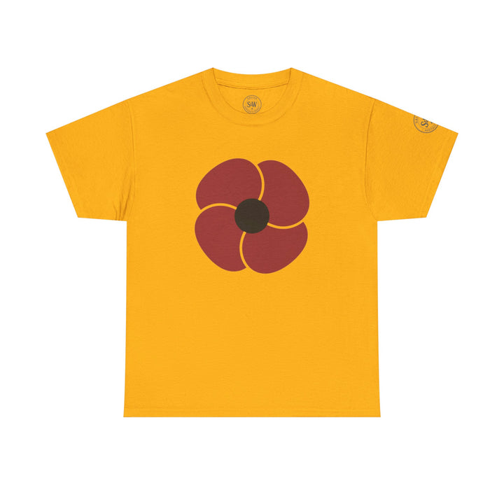 Gold t-shirt with a floral design by S&amp;W Gallus featuring short sleeves and a crew neck.