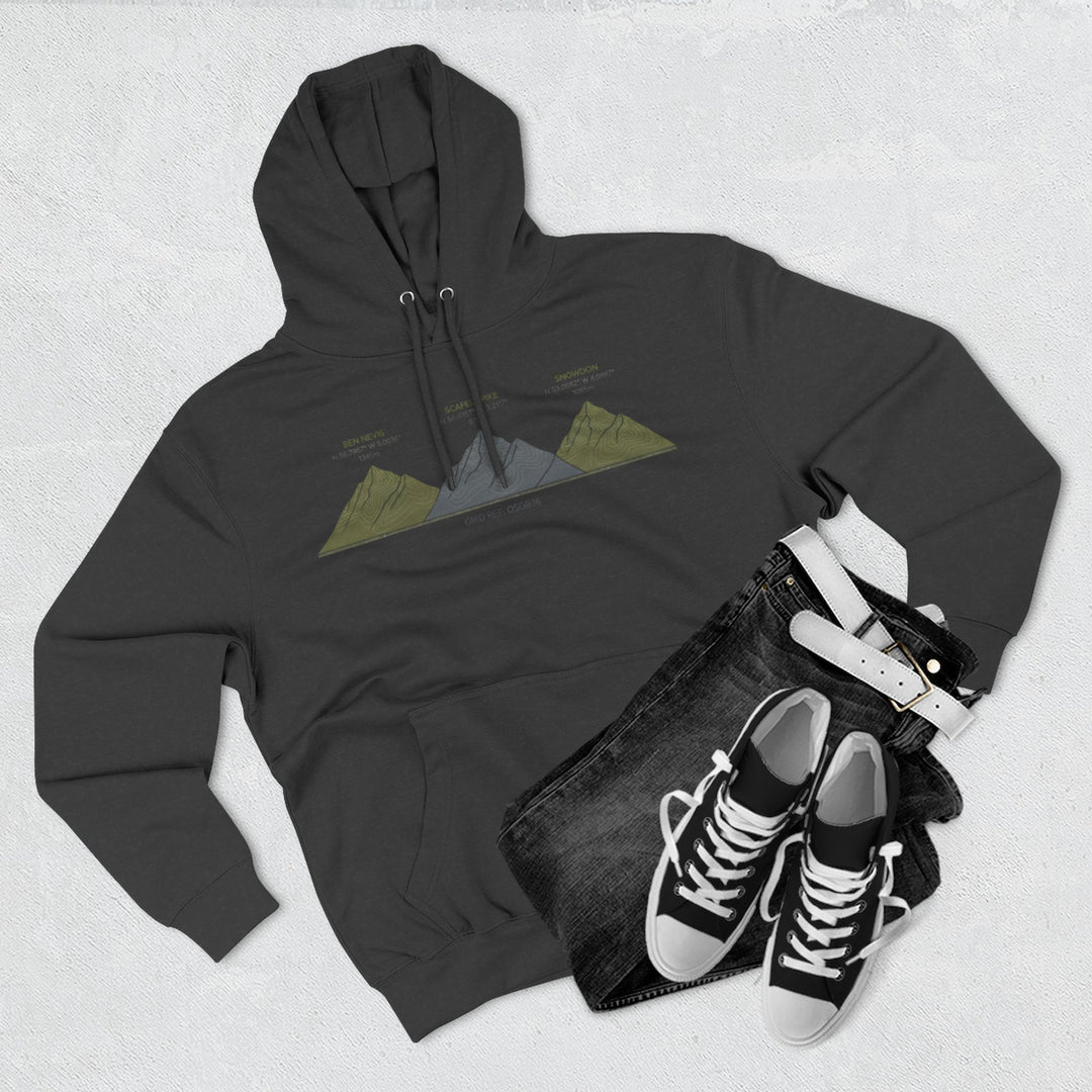 Three Peaks Challenge Graphic Hoodie — Retro UK Mountain Heritage Pullover