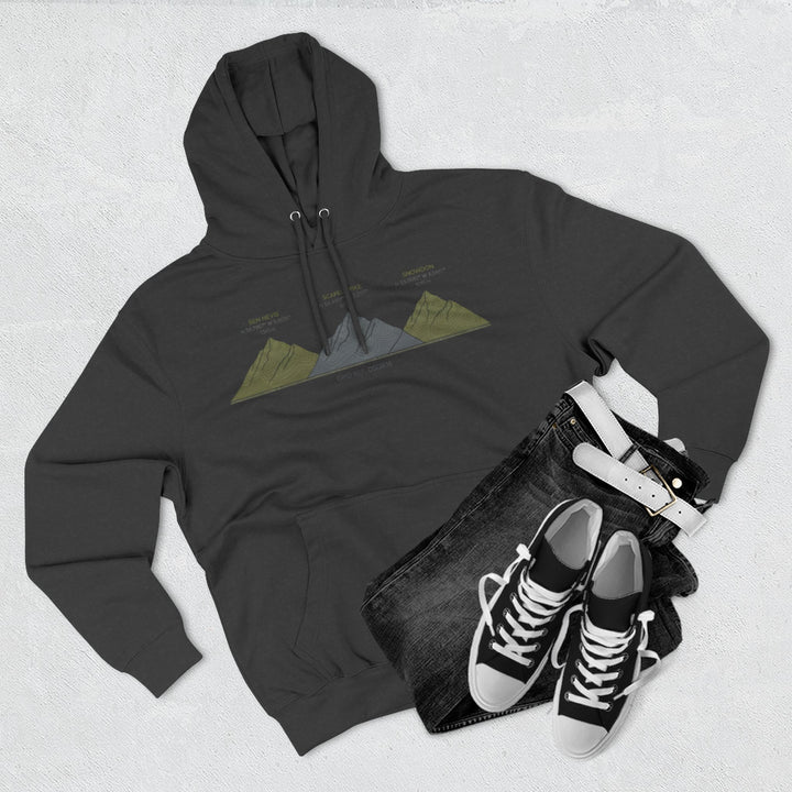 Three Peaks Challenge Graphic Hoodie — Retro UK Mountain Heritage Pullover
