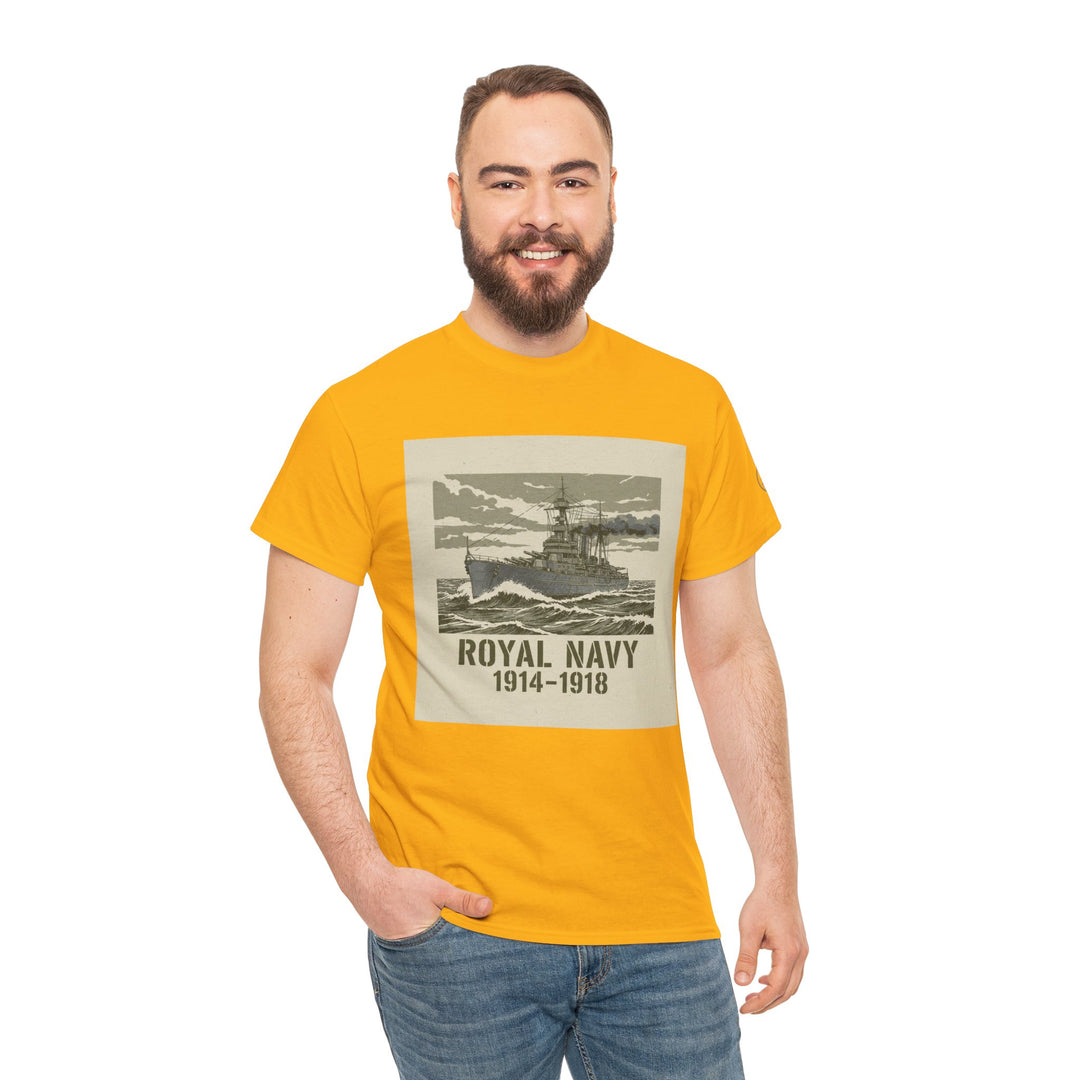 Golden yellow tee by S&amp;W Gallus displaying a vintage-style Royal Navy battleship graphic on the front, worn with blue jeans.