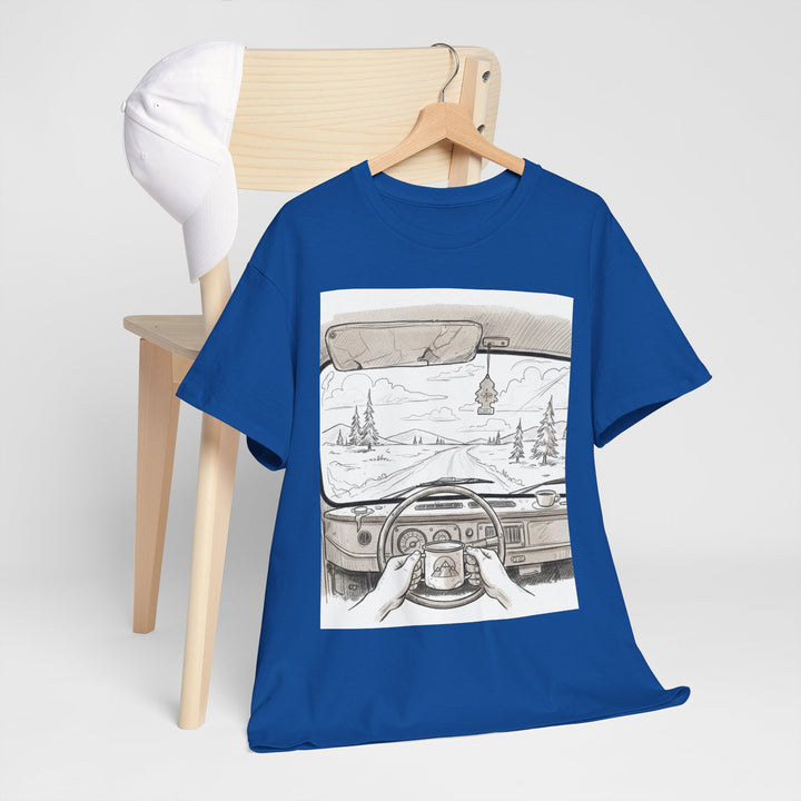 Scenic Drive Van Illustration Tee – soft cotton with a detailed van and landscape design. Perfect for road trips, outdoor adventures, and casual wear.
