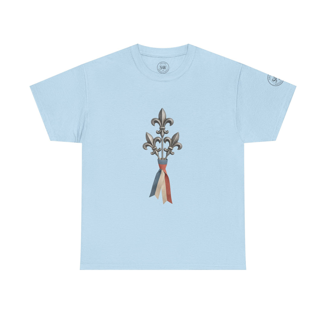 Light blue t-shirt by S&amp;W Gallus featuring a fleur-de-lis graphic and a tricolor ribbon.