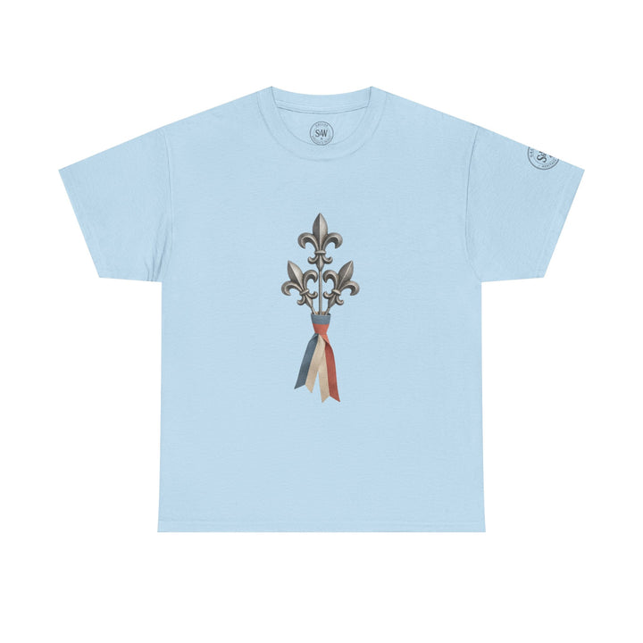 Light blue t-shirt by S&amp;W Gallus featuring a fleur-de-lis graphic and a tricolor ribbon.