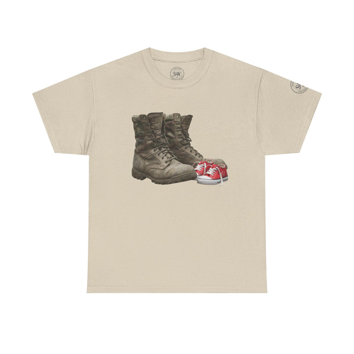 Beige t-shirt from S&amp;W Gallus featuring combat boots with smaller red sneakers, and a round label on the shoulder.