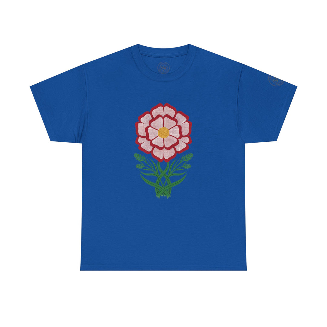 Royal blue t-shirt by S&amp;W Gallus, featuring a detailed, stylized Tudor rose graphic on the front.