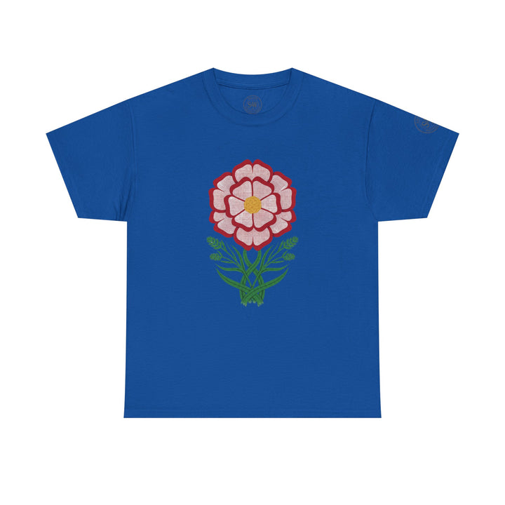 Royal blue t-shirt by S&amp;W Gallus, featuring a detailed, stylized Tudor rose graphic on the front.