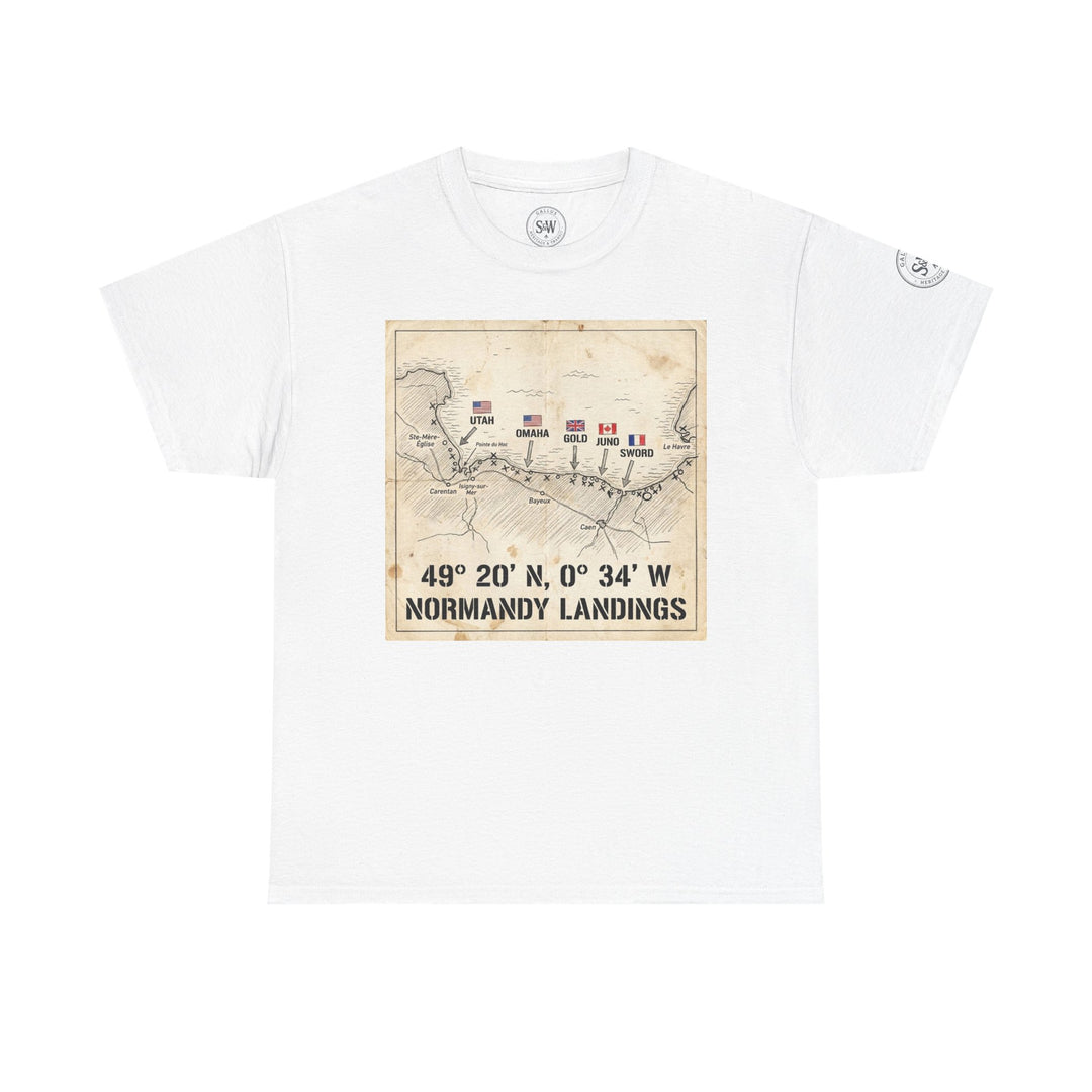 White graphic tee by Veteran owned, featuring a printed Normandy Landings map on the front.