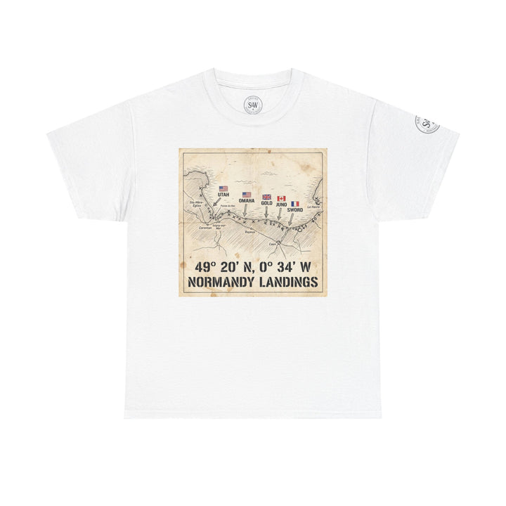 White graphic tee by Veteran owned, featuring a printed Normandy Landings map on the front.